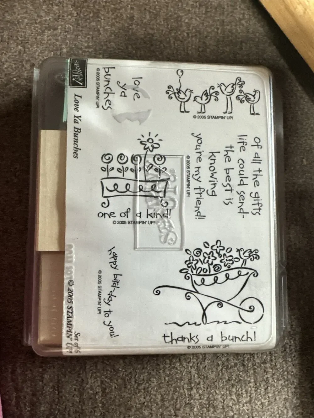 NEW Stampin Up! Wood Mount Stamp Set of 6 Love Ya Bunches Friend Birthday 2005